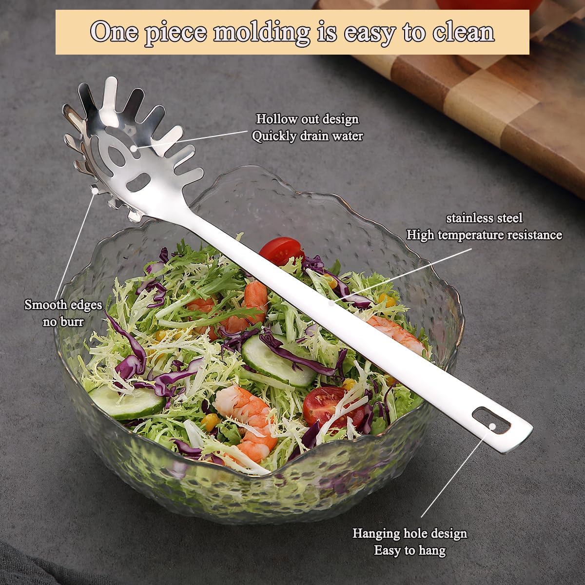 Spaghetti Spoon, Pasta Server, Stainless Steel Pasta Spoon with Teeth, One-Piece Metal Pasta Fork, Noddle Fork Kitchen Utensils, Heat Resistant, Dishwasher Safe, Easy to Clean