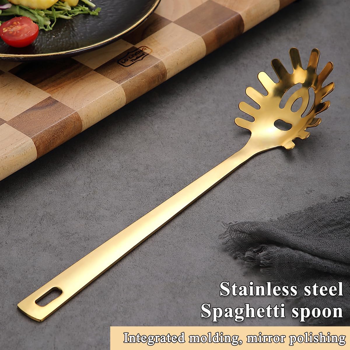 Spaghetti Spoon, Pasta Server, Stainless Steel Pasta Spoon with Teeth, One-Piece Metal Pasta Fork, Noddle Fork Kitchen Utensils, Heat Resistant, Dishwasher Safe, Easy to Clean
