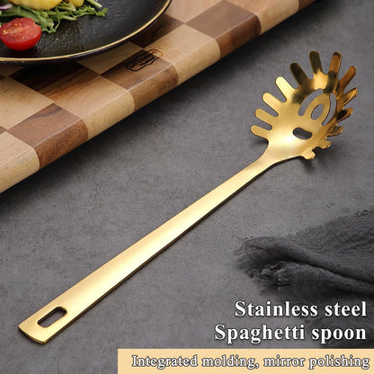 Spaghetti Spoon, Pasta Server, Stainless Steel Pasta Spoon with Teeth, One-Piece Metal Pasta Fork, Noddle Fork Kitchen Utensils, Heat Resistant, Dishwasher Safe, Easy to Clean