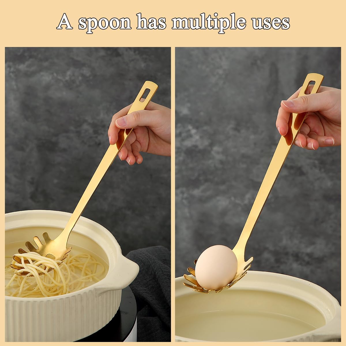 Spaghetti Spoon, Pasta Server, Stainless Steel Pasta Spoon with Teeth, One-Piece Metal Pasta Fork, Noddle Fork Kitchen Utensils, Heat Resistant, Dishwasher Safe, Easy to Clean