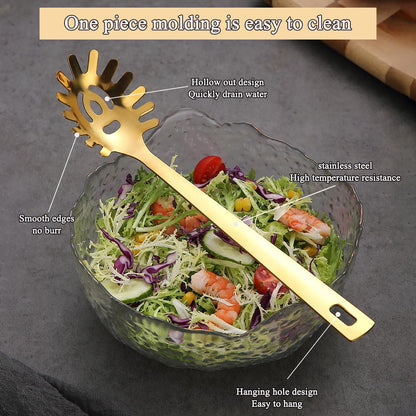 Spaghetti Spoon, Pasta Server, Stainless Steel Pasta Spoon with Teeth, One-Piece Metal Pasta Fork, Noddle Fork Kitchen Utensils, Heat Resistant, Dishwasher Safe, Easy to Clean