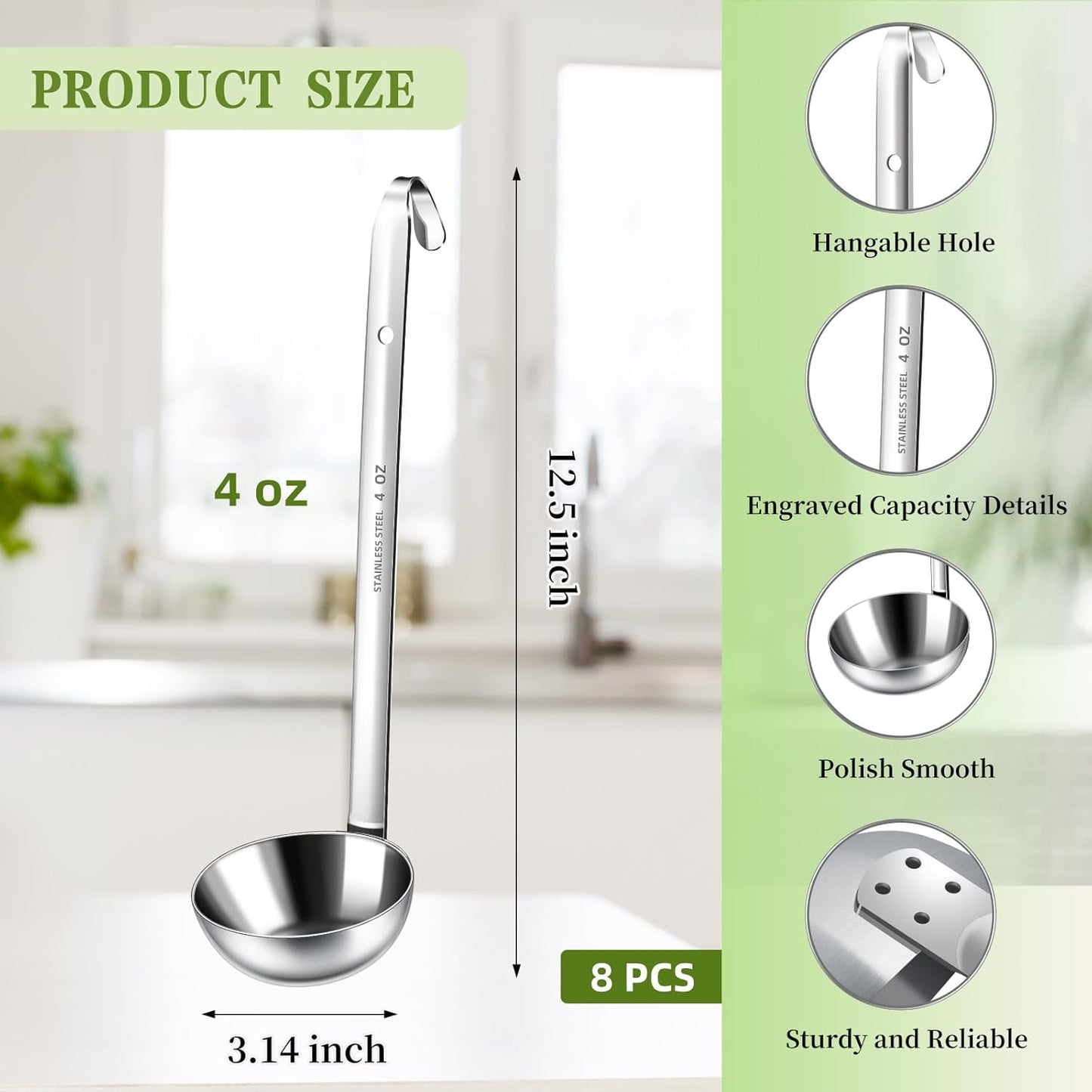8 PCS Stainless Steel Ladle Soup Handle Ladle with Pouring Rim for Kitchen Cooking Soup Sauce (4 oz)
