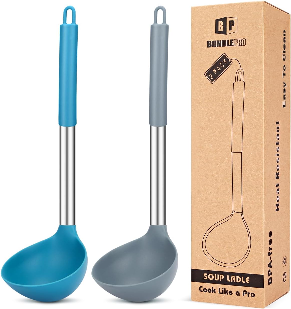 Silicone Ladle Spoon Kitchen Utensils, 2 Pack, Grey-Blue | Non Stick, High Heat Resistant, BPA Free, Ideal for Cooking, Stirring,Serving Soups