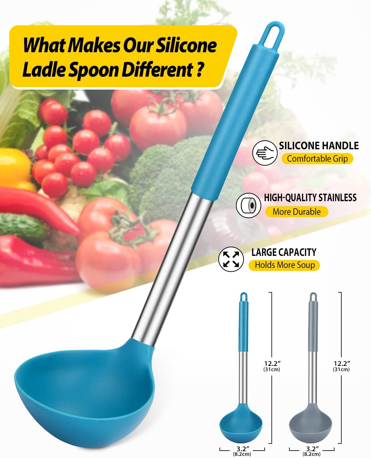 Silicone Ladle Spoon Kitchen Utensils, 2 Pack, Grey-Blue | Non Stick, High Heat Resistant, BPA Free, Ideal for Cooking, Stirring,Serving Soups