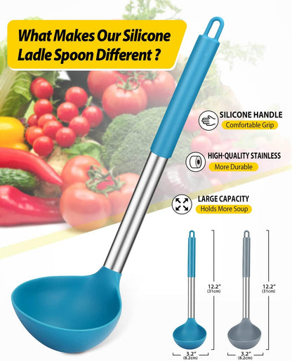 Silicone Ladle Spoon Kitchen Utensils, 2 Pack, Grey-Blue | Non Stick, High Heat Resistant, BPA Free, Ideal for Cooking, Stirring,Serving Soups