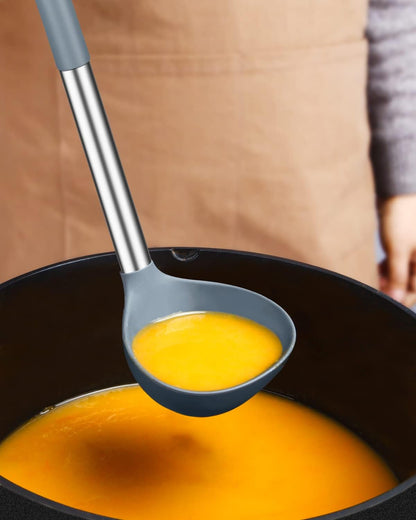 Silicone Ladle Spoon Kitchen Utensils, 2 Pack, Grey-Blue | Non Stick, High Heat Resistant, BPA Free, Ideal for Cooking, Stirring,Serving Soups