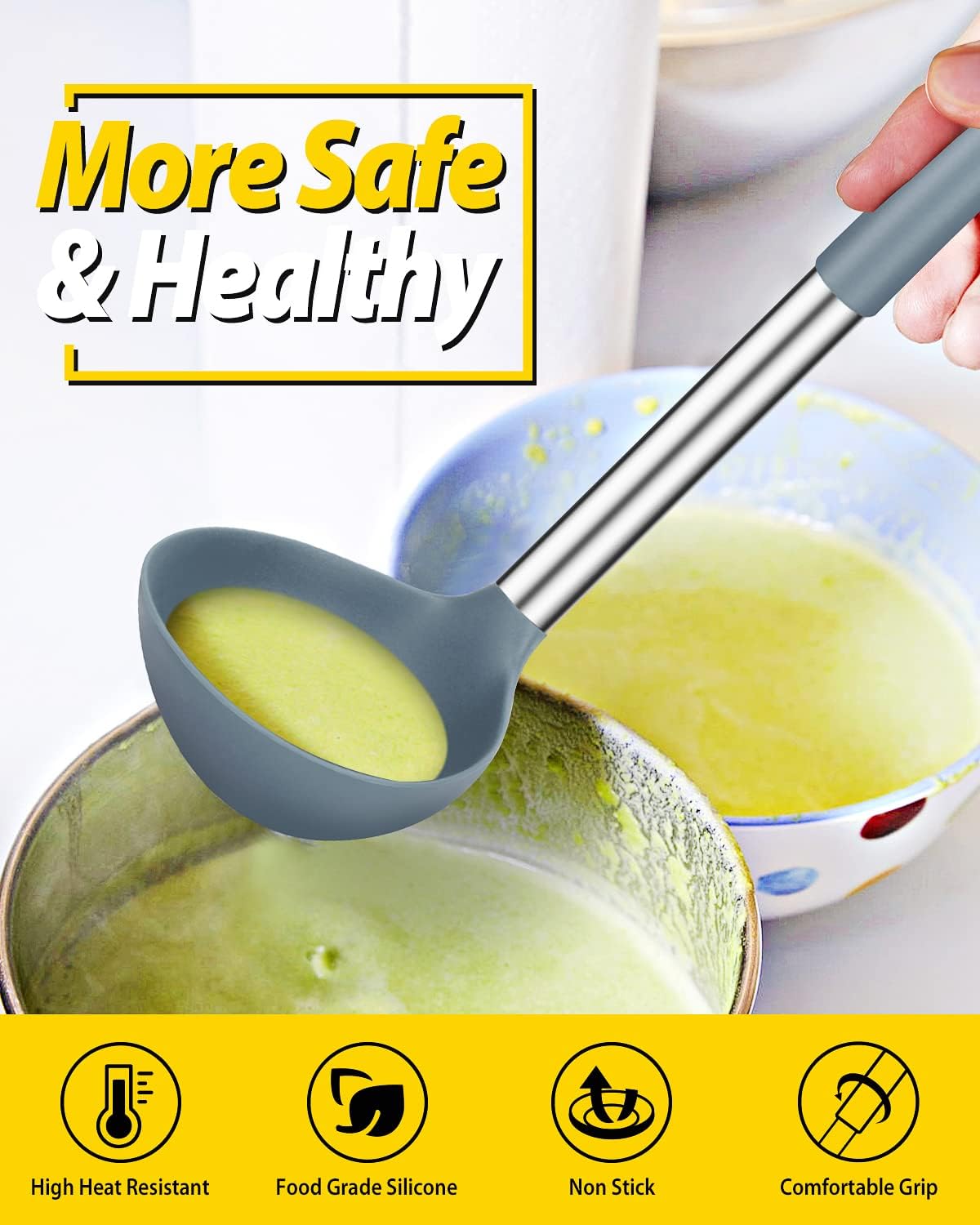 Silicone Ladle Spoon Kitchen Utensils, 2 Pack, Grey-Blue | Non Stick, High Heat Resistant, BPA Free, Ideal for Cooking, Stirring,Serving Soups