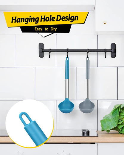 Silicone Ladle Spoon Kitchen Utensils, 2 Pack, Grey-Blue | Non Stick, High Heat Resistant, BPA Free, Ideal for Cooking, Stirring,Serving Soups