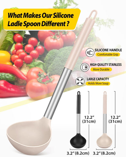 Silicone Ladle Spoon Kitchen Utensils, 2 Pack, Grey-Blue | Non Stick, High Heat Resistant, BPA Free, Ideal for Cooking, Stirring,Serving Soups