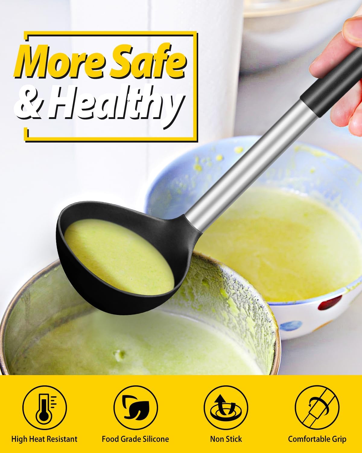 Silicone Ladle Spoon Kitchen Utensils, 2 Pack, Grey-Blue | Non Stick, High Heat Resistant, BPA Free, Ideal for Cooking, Stirring,Serving Soups