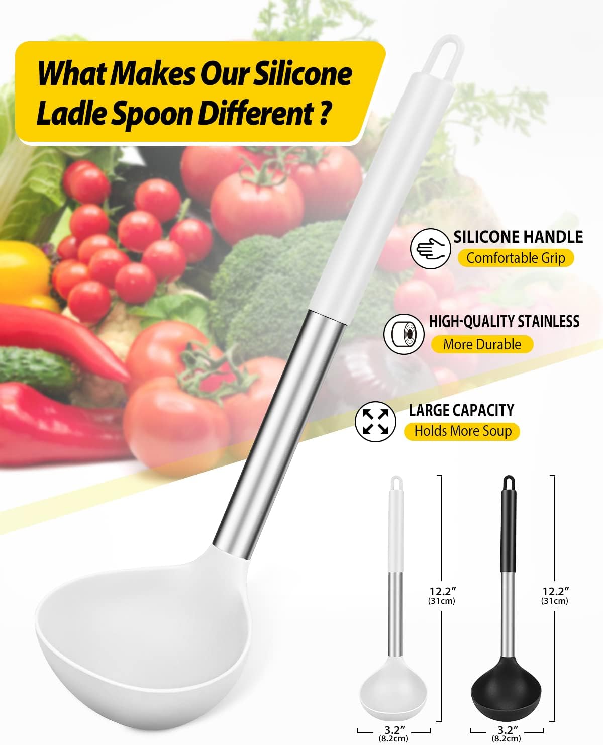 Silicone Ladle Spoon Kitchen Utensils, 2 Pack, Grey-Blue | Non Stick, High Heat Resistant, BPA Free, Ideal for Cooking, Stirring,Serving Soups
