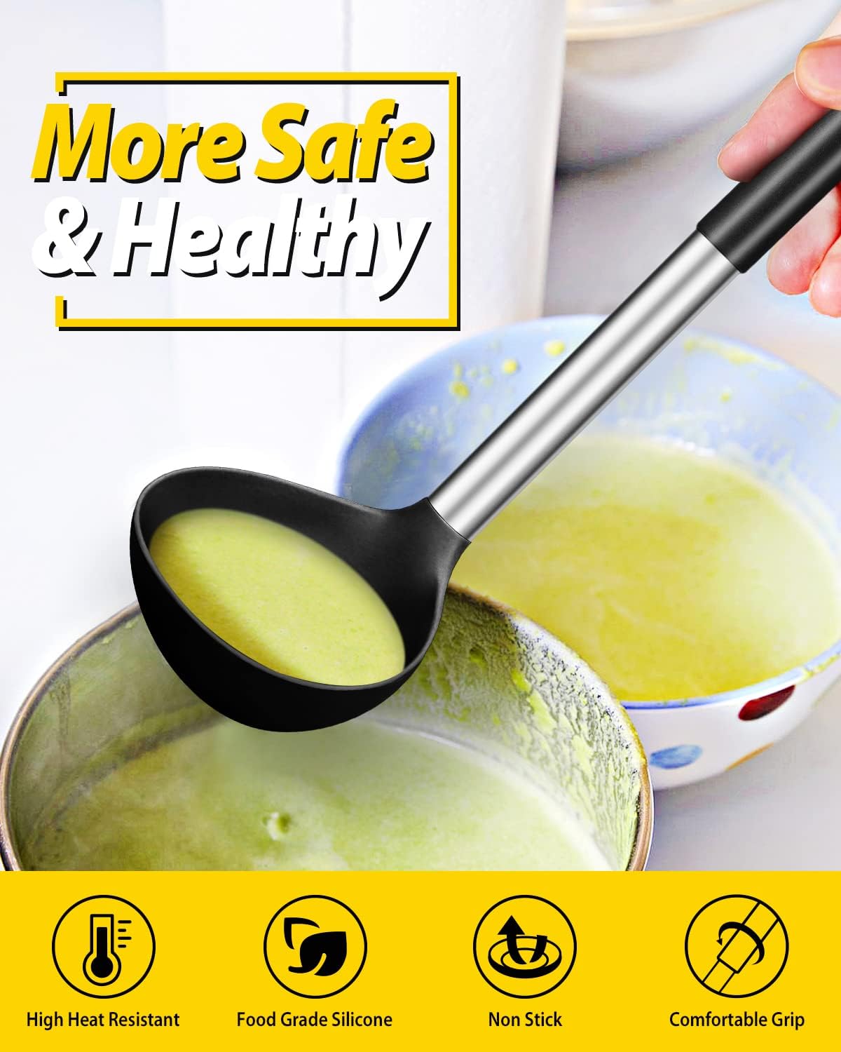 Silicone Ladle Spoon Kitchen Utensils, 2 Pack, Grey-Blue | Non Stick, High Heat Resistant, BPA Free, Ideal for Cooking, Stirring,Serving Soups