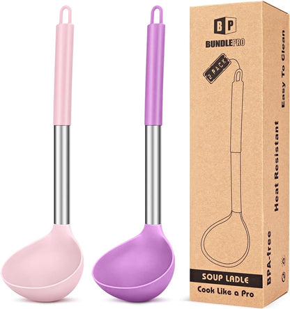 Silicone Ladle Spoon Kitchen Utensils, 2 Pack, Grey-Blue | Non Stick, High Heat Resistant, BPA Free, Ideal for Cooking, Stirring,Serving Soups