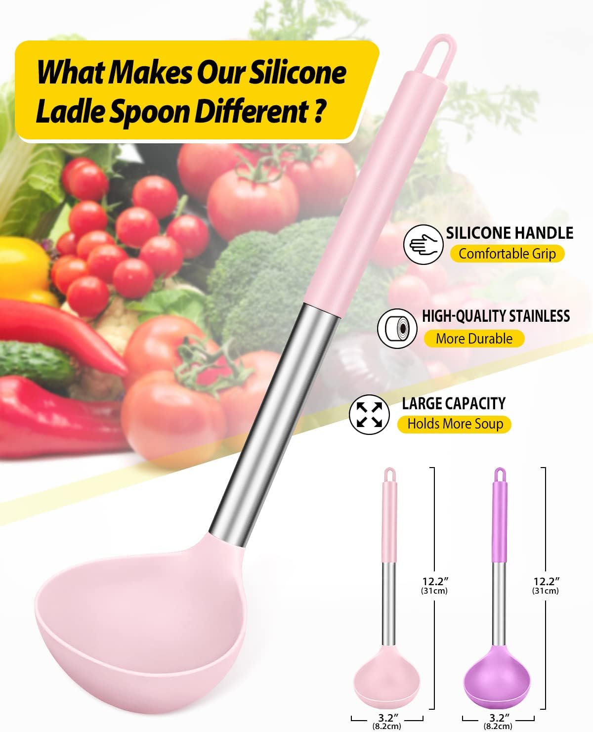 Silicone Ladle Spoon Kitchen Utensils, 2 Pack, Grey-Blue | Non Stick, High Heat Resistant, BPA Free, Ideal for Cooking, Stirring,Serving Soups
