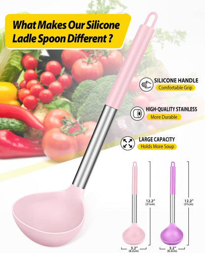 Silicone Ladle Spoon Kitchen Utensils, 2 Pack, Grey-Blue | Non Stick, High Heat Resistant, BPA Free, Ideal for Cooking, Stirring,Serving Soups