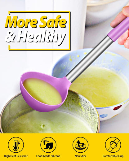 Silicone Ladle Spoon Kitchen Utensils, 2 Pack, Grey-Blue | Non Stick, High Heat Resistant, BPA Free, Ideal for Cooking, Stirring,Serving Soups