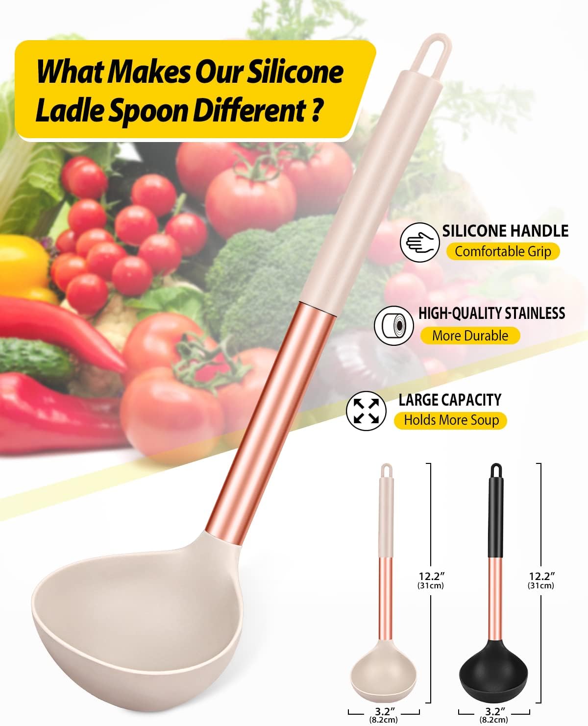Silicone Ladle Spoon Kitchen Utensils, 2 Pack, Grey-Blue | Non Stick, High Heat Resistant, BPA Free, Ideal for Cooking, Stirring,Serving Soups