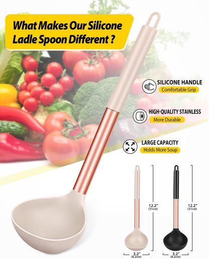 Silicone Ladle Spoon Kitchen Utensils, 2 Pack, Grey-Blue | Non Stick, High Heat Resistant, BPA Free, Ideal for Cooking, Stirring,Serving Soups