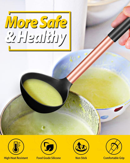 Silicone Ladle Spoon Kitchen Utensils, 2 Pack, Grey-Blue | Non Stick, High Heat Resistant, BPA Free, Ideal for Cooking, Stirring,Serving Soups