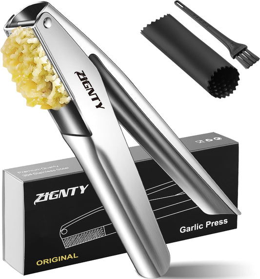 Garlic Press Stainless Steel, Premium Garlic Mincer No Need to Peel | Garlic Ginger Crusher & Masher, Easy Squeeze, Large Trough, Ergonomic Handle, Rust Proof, Dishwasher Safe, 5 Years Warranty