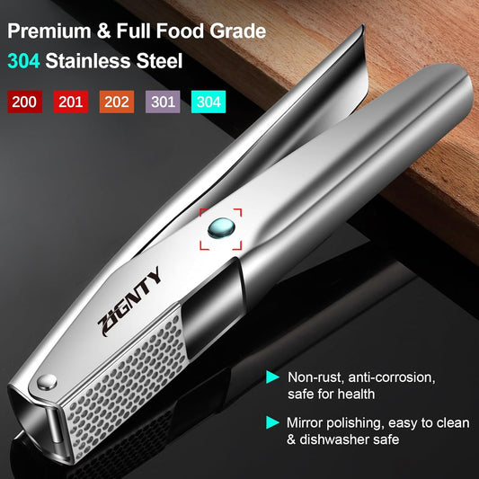 Garlic Press Stainless Steel, Premium Garlic Mincer No Need to Peel | Garlic Ginger Crusher & Masher, Easy Squeeze, Large Trough, Ergonomic Handle, Rust Proof, Dishwasher Safe, 5 Years Warranty