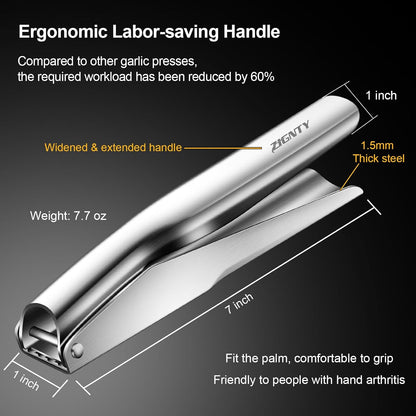 Garlic Press Stainless Steel, Premium Garlic Mincer No Need to Peel | Garlic Ginger Crusher & Masher, Easy Squeeze, Large Trough, Ergonomic Handle, Rust Proof, Dishwasher Safe, 5 Years Warranty