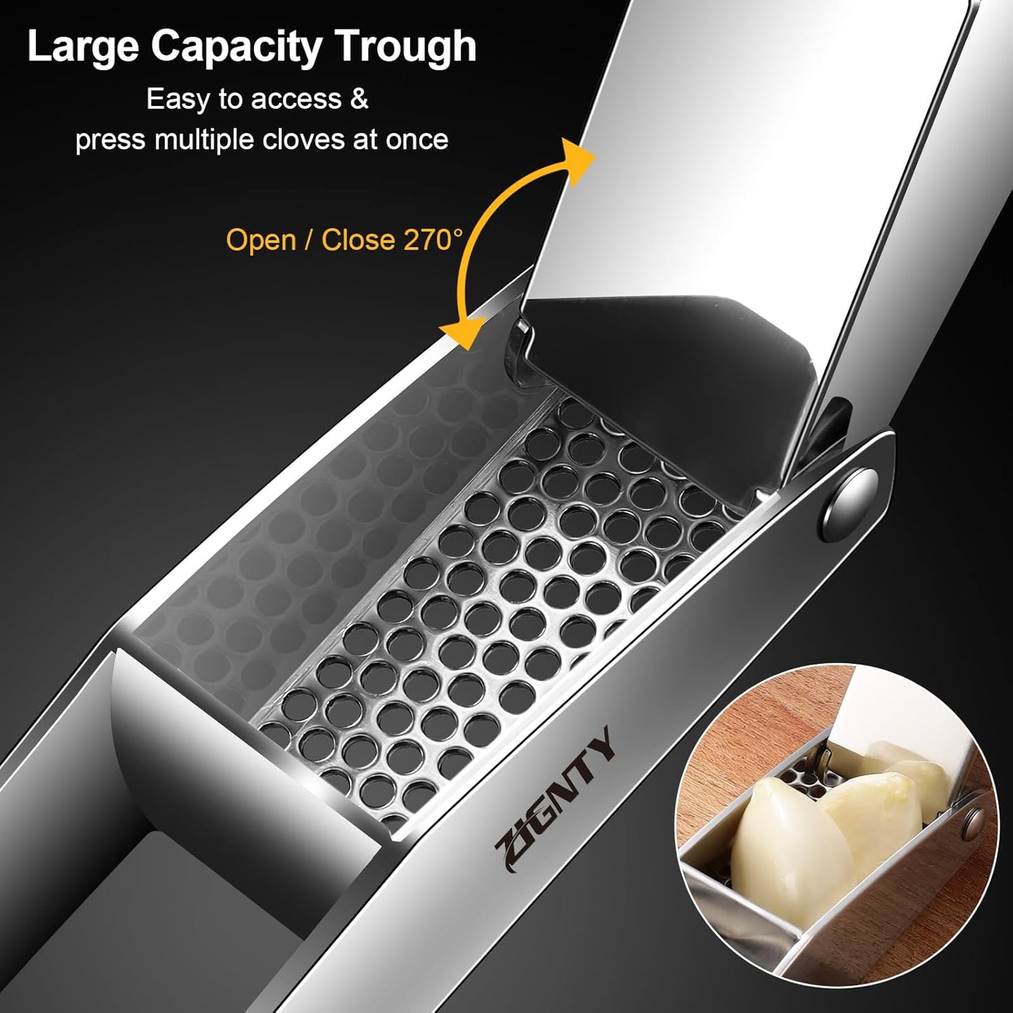 Garlic Press Stainless Steel, Premium Garlic Mincer No Need to Peel | Garlic Ginger Crusher & Masher, Easy Squeeze, Large Trough, Ergonomic Handle, Rust Proof, Dishwasher Safe, 5 Years Warranty