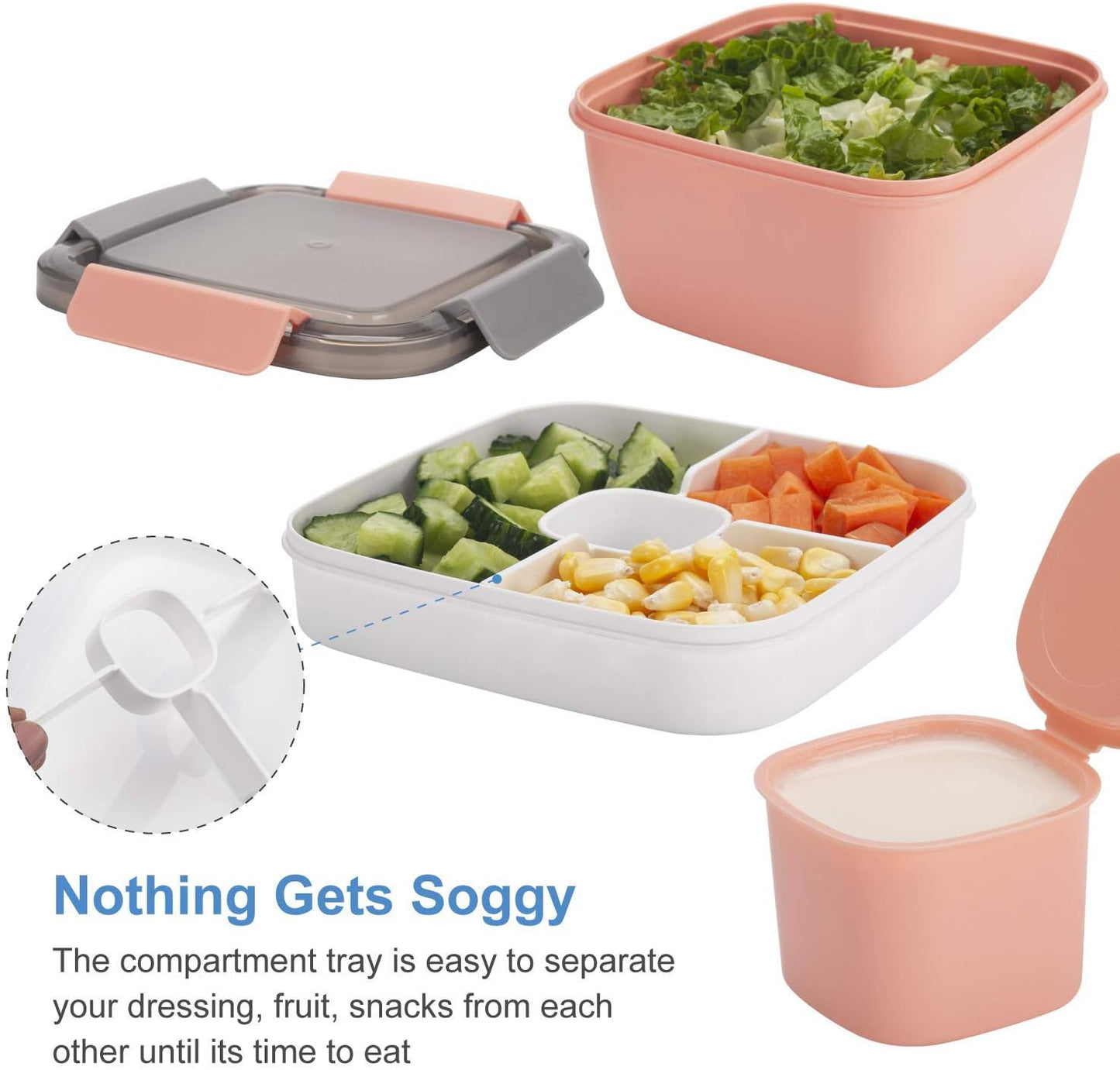 Salad Lunch Containers To Go, 2 Pack 52-oz Bowls with 3 Compartments, Dressing Containers for Toppings, Snacks - Pink & Green