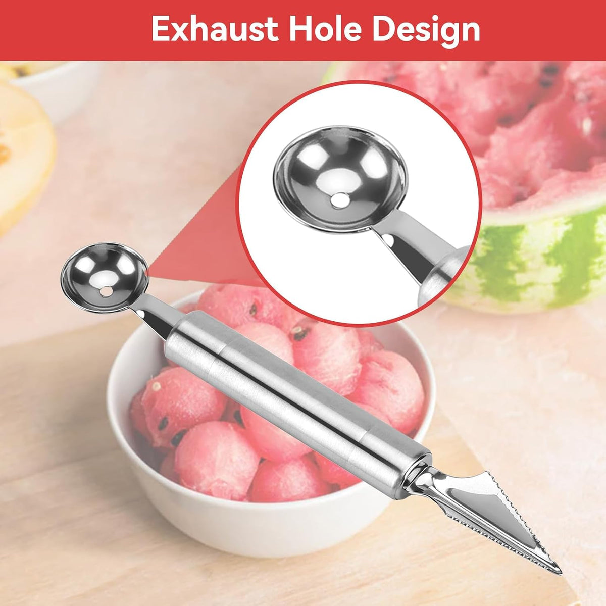 Stainless Steel Melon Baller Scoop, Fruit Carving Knife Melon Baller Watermelon Cantaloupe Scooper(Ball End + Knife End)