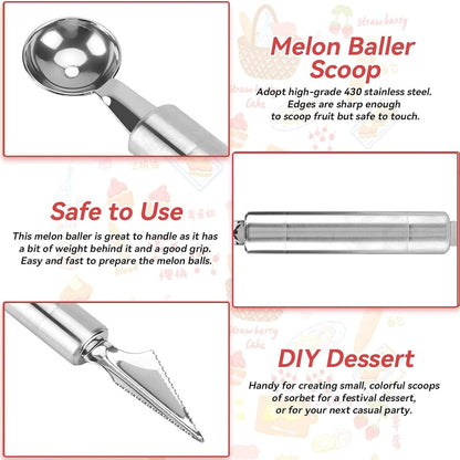 Stainless Steel Melon Baller Scoop, Fruit Carving Knife Melon Baller Watermelon Cantaloupe Scooper(Ball End + Knife End)