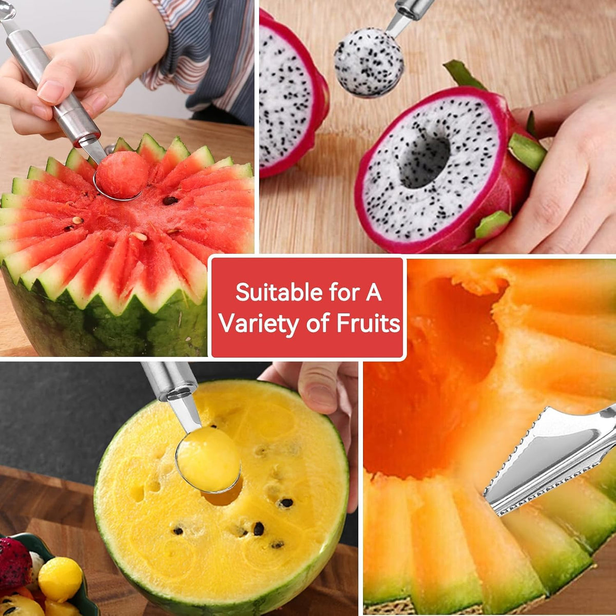 Stainless Steel Melon Baller Scoop, Fruit Carving Knife Melon Baller Watermelon Cantaloupe Scooper(Ball End + Knife End)