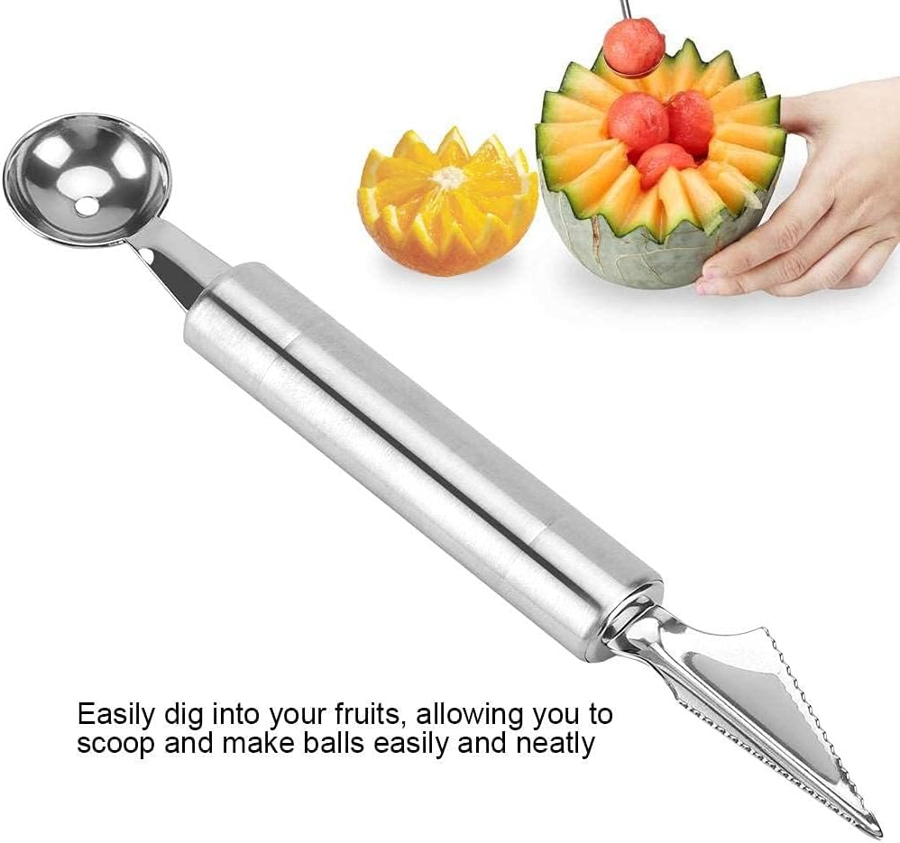 Stainless Steel Melon Baller Scoop, Fruit Carving Knife Melon Baller Watermelon Cantaloupe Scooper(Ball End + Knife End)