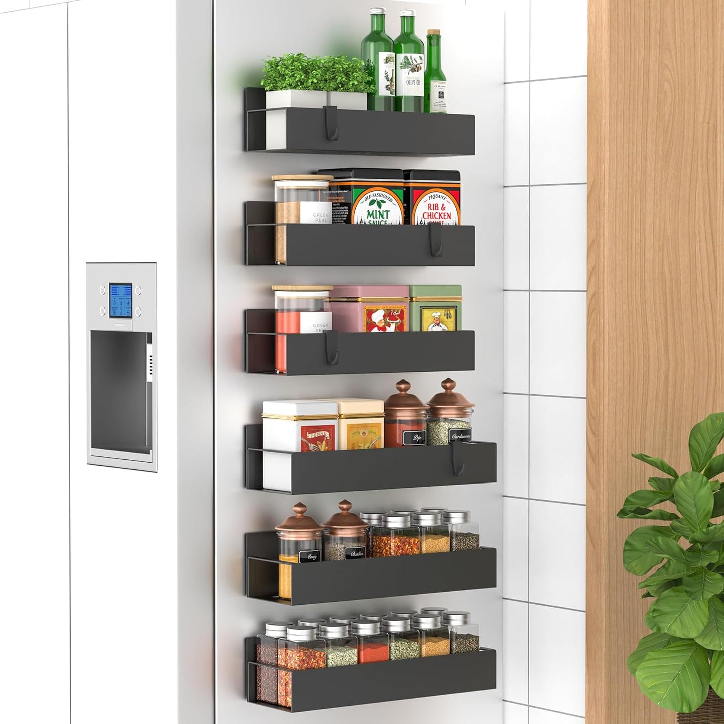 Metal 4 Pack Magnetic Spice Storage Rack Organizer for Refrigerator and Oven, Black Fridge Organizers and Storage, Metal