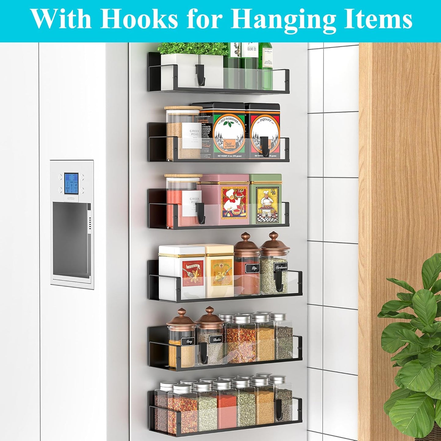 Metal 4 Pack Magnetic Spice Storage Rack Organizer for Refrigerator and Oven, Black Fridge Organizers and Storage, Metal