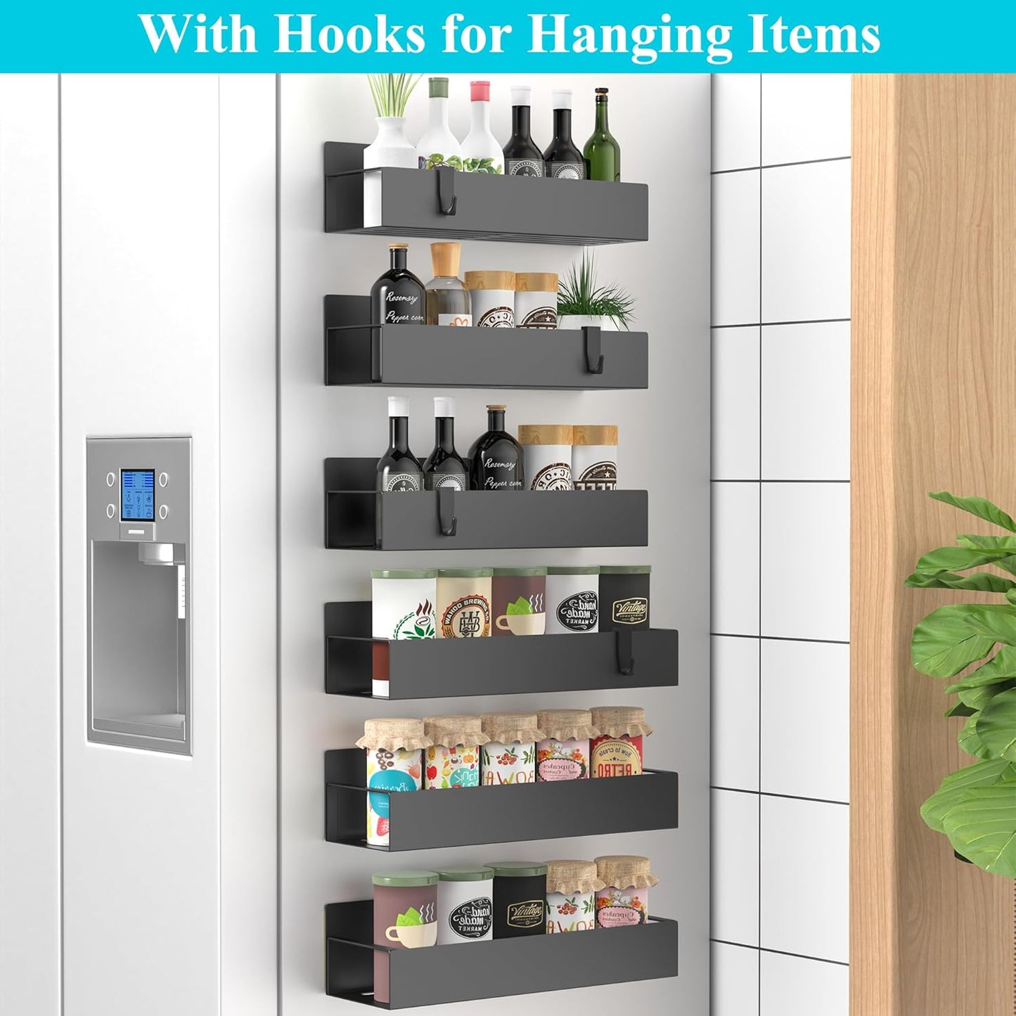 Metal 4 Pack Magnetic Spice Storage Rack Organizer for Refrigerator and Oven, Black Fridge Organizers and Storage, Metal