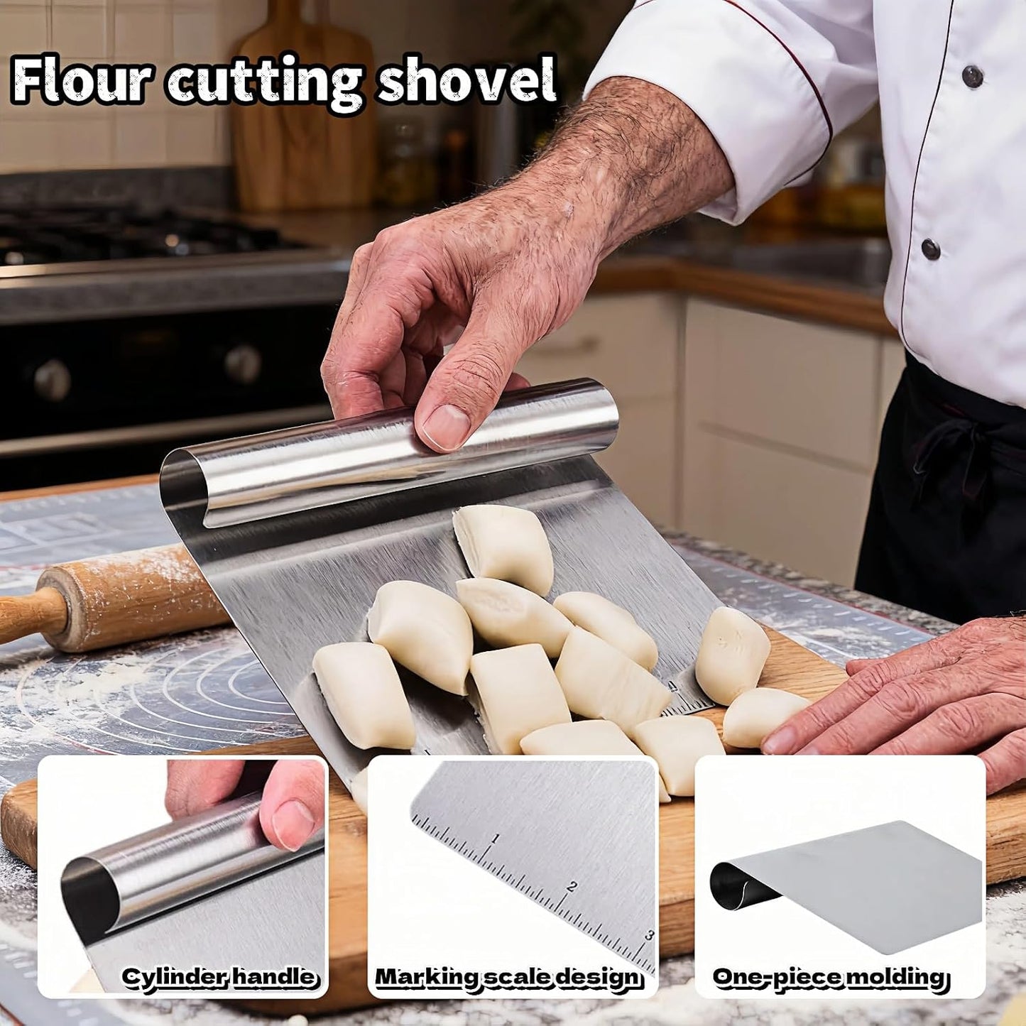 5.9" Professional Stainless Steel Dough Scraper and Bench Knife with Measurement Scale, Multi-Purpose Pastry Cutter for Baking, Pizza, Grill, Dough, Vegetables