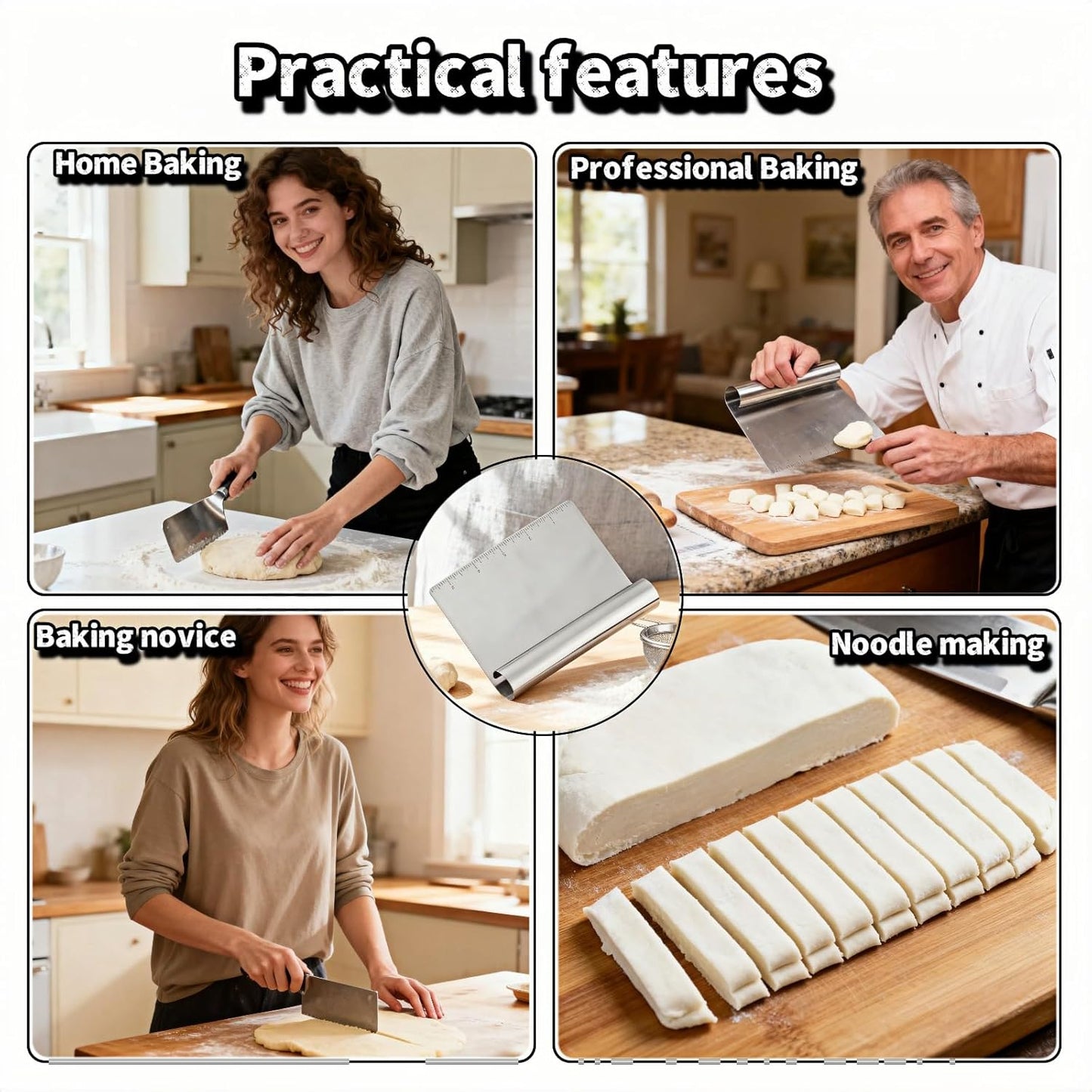 5.9" Professional Stainless Steel Dough Scraper and Bench Knife with Measurement Scale, Multi-Purpose Pastry Cutter for Baking, Pizza, Grill, Dough, Vegetables