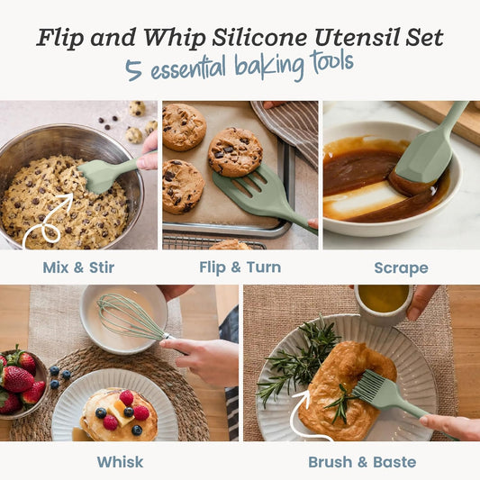 Starpack Flip and Whip Silicone Baking Utensils Set (5-Piece) - LFGB Non Toxic, 600°F Heat Resistant, BPA-Free - Whisk and Rubber Spatula Set with Pastry Brush - Dishwasher Safe, Nonstick Sage Green