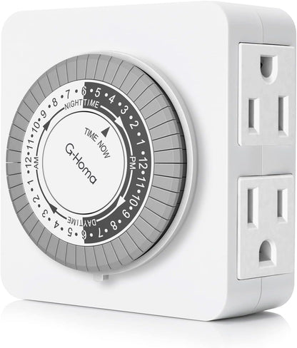 24-Hour Mechanical Timer Outlet with 2 Grounded Outlets - For Lamps, Holiday Lights