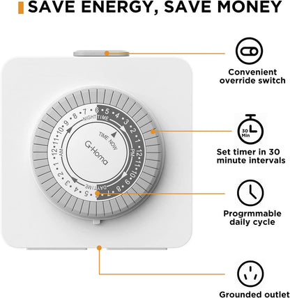 24-Hour Mechanical Timer Outlet with 2 Grounded Outlets - For Lamps, Holiday Lights