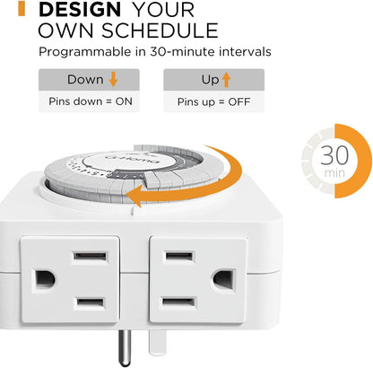 24-Hour Mechanical Timer Outlet with 2 Grounded Outlets - For Lamps, Holiday Lights