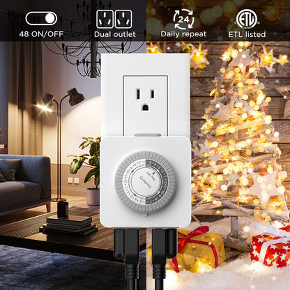 24-Hour Mechanical Timer Outlet with 2 Grounded Outlets - For Lamps, Holiday Lights