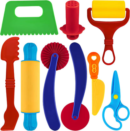 Dough Play Tool Kit for Kids, 9 PCS Basic Dough Starter Set with Pizza Cutter, Safety Scissors, Rolling Pin, Roller, Extruder, Plastic Scraper, Knife