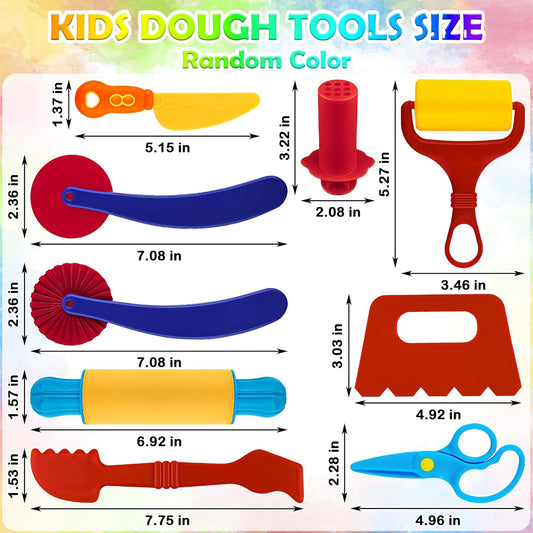 Dough Play Tool Kit for Kids, 9 PCS Basic Dough Starter Set with Pizza Cutter, Safety Scissors, Rolling Pin, Roller, Extruder, Plastic Scraper, Knife