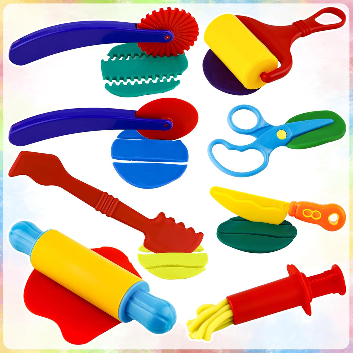 Dough Play Tool Kit for Kids, 9 PCS Basic Dough Starter Set with Pizza Cutter, Safety Scissors, Rolling Pin, Roller, Extruder, Plastic Scraper, Knife