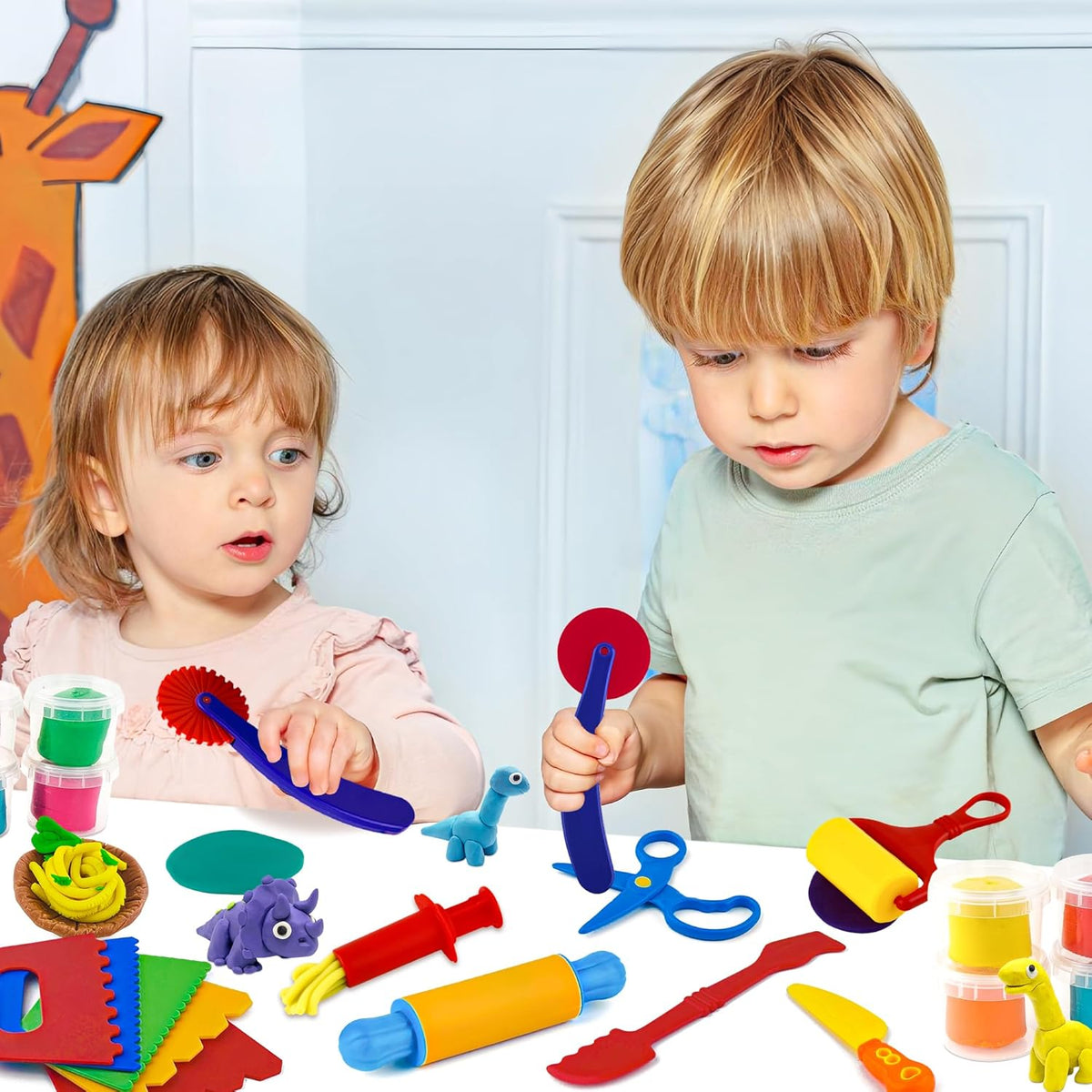 Dough Play Tool Kit for Kids, 9 PCS Basic Dough Starter Set with Pizza Cutter, Safety Scissors, Rolling Pin, Roller, Extruder, Plastic Scraper, Knife