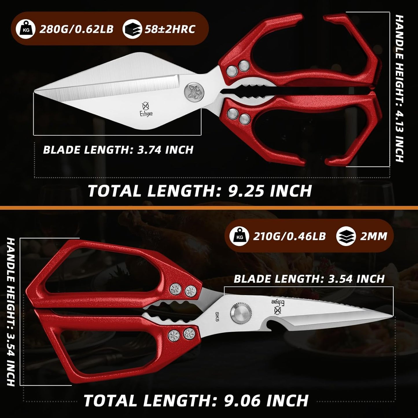 Kitchen Scissors Set - All Purpose Meat Cutting Shears | Heavy Duty Japanese Style, Dishwasher Safe, Sharp Food Scissors for Chicken Bones, Turkey, Fish & Vegetables