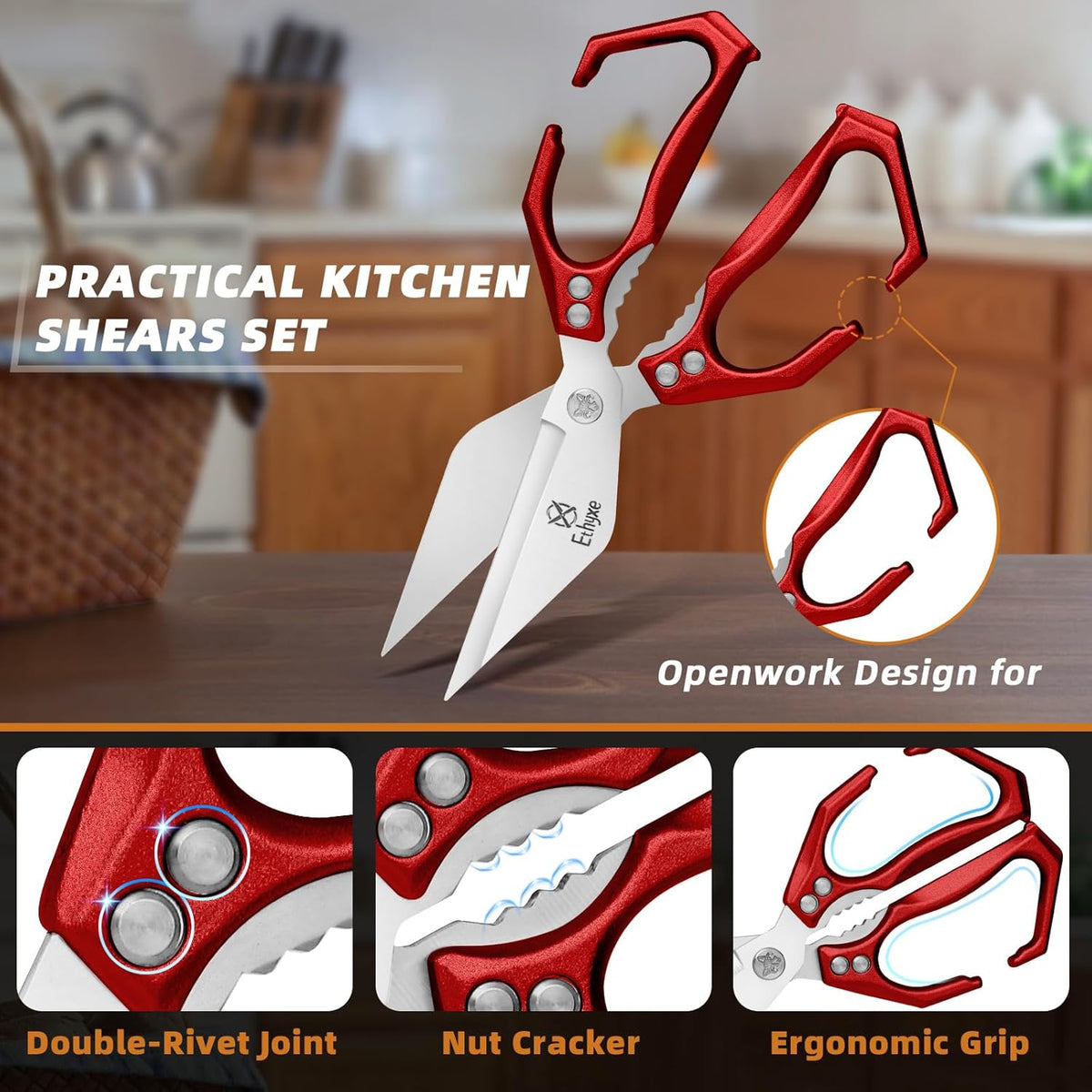 Kitchen Scissors Set - All Purpose Meat Cutting Shears | Heavy Duty Japanese Style, Dishwasher Safe, Sharp Food Scissors for Chicken Bones, Turkey, Fish & Vegetables