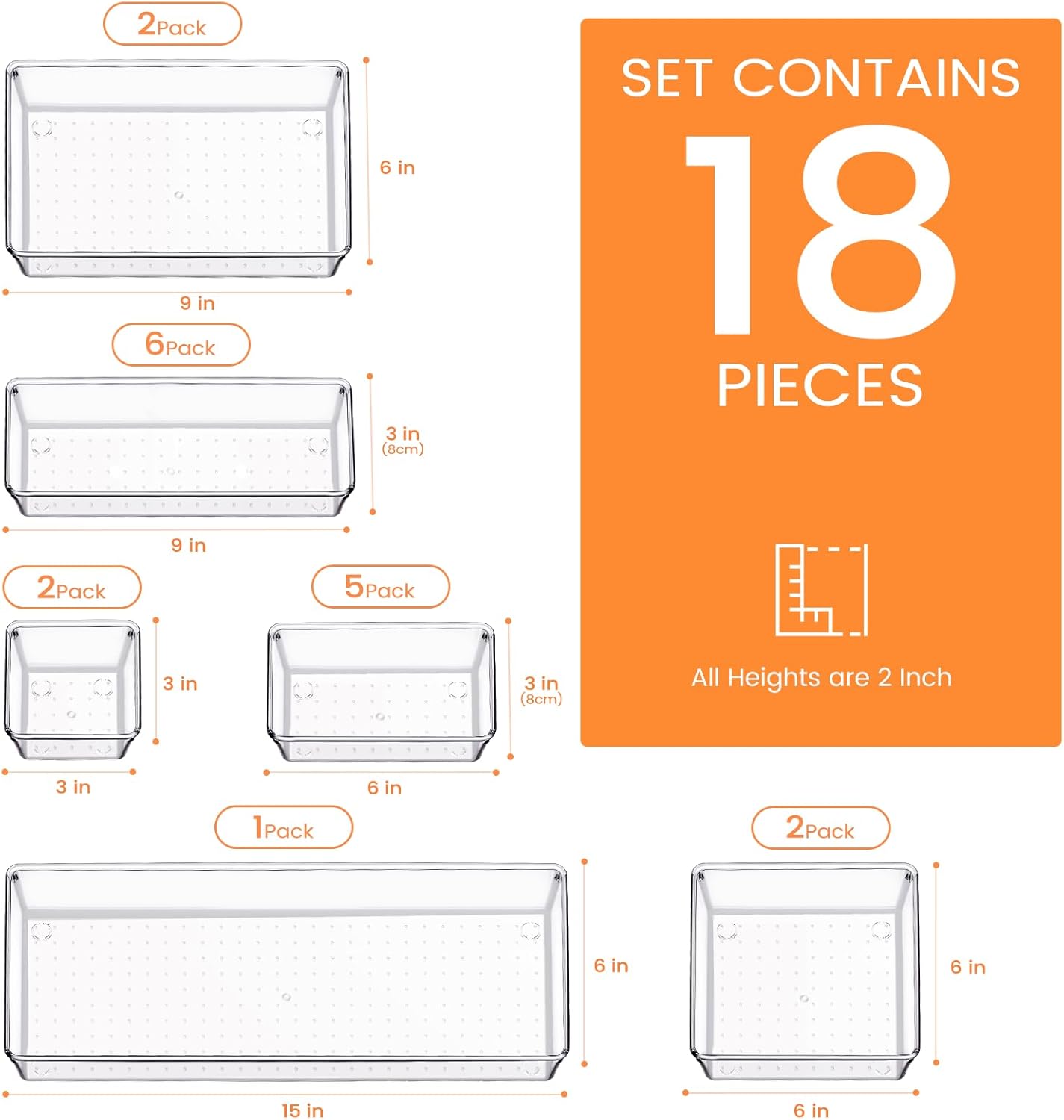 Drawer Organizer, 10 Pack Large Clear Plastic Set, 3 Size Versatile Bathroom and Vanity Organizer Trays, Storage Bins for Makeup, Bedroom, Kitchen Utensils