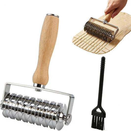 Grid Roller Cutter for Pastry, 304 Stainless Steel Blade with Ergonomic Wooden Handle, Includes Cleaning Brush, Pastry Tool for Pie, Wellington, Pizza & More(COLOR:Silver)